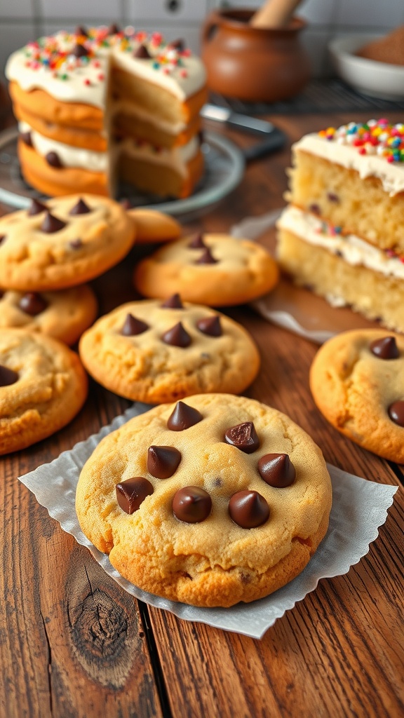 Freshly baked cookies and a fluffy cake on a wooden table, with baking utensils in the background.
